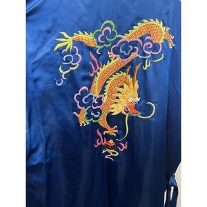 Vintage Peacock 100% Silk Kimono Golden Dragon Bright Blue  Size L Pockets Belt
